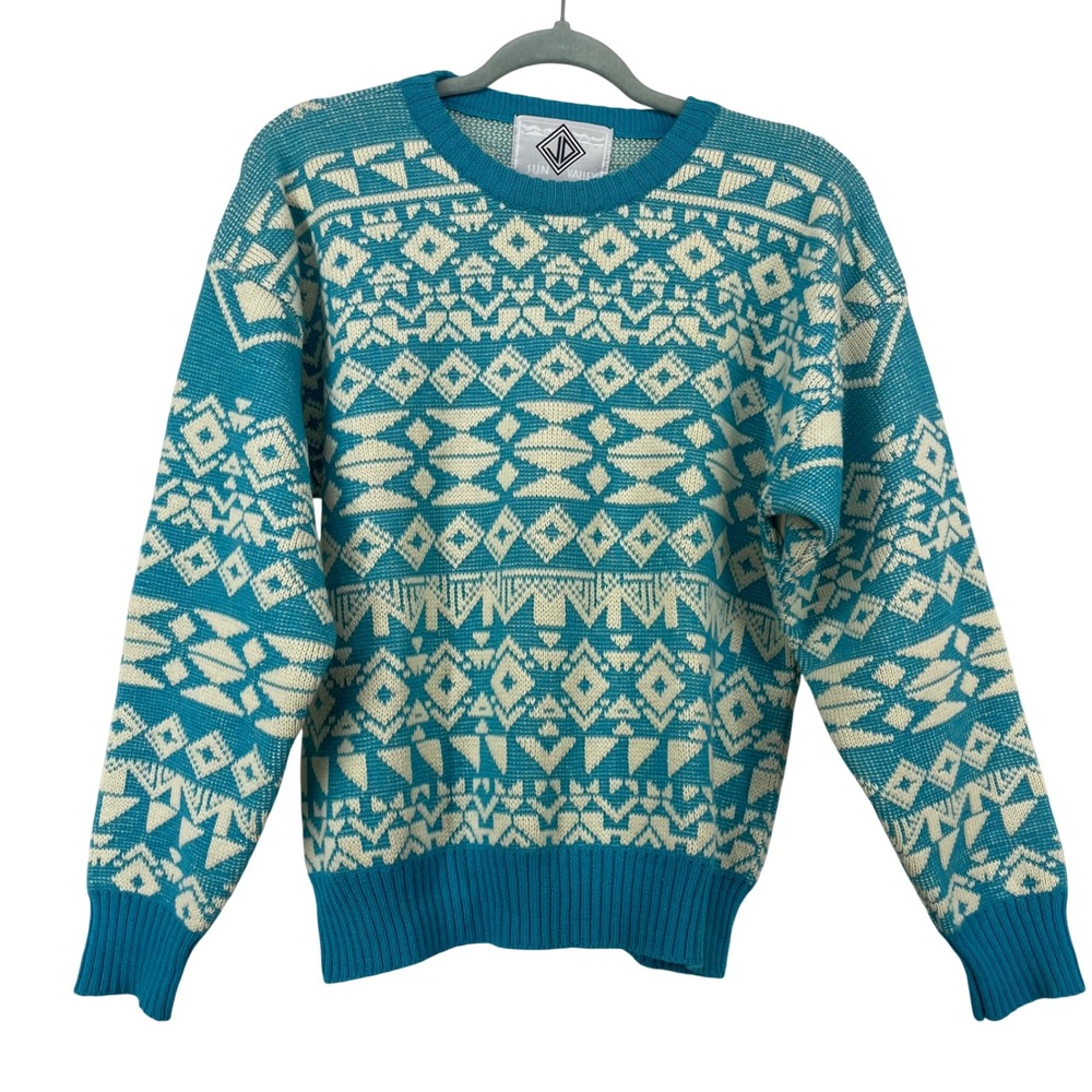 Sun Valley Size Medium Sweater Turquoise Vintage Wool Geometric Fair Isle Womens